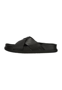 Svart slidesandal med ett tvärbanddesign och vävt mönster samt släta läderdetaljer. Gummisulan ger hållbarhet och bra grepp.