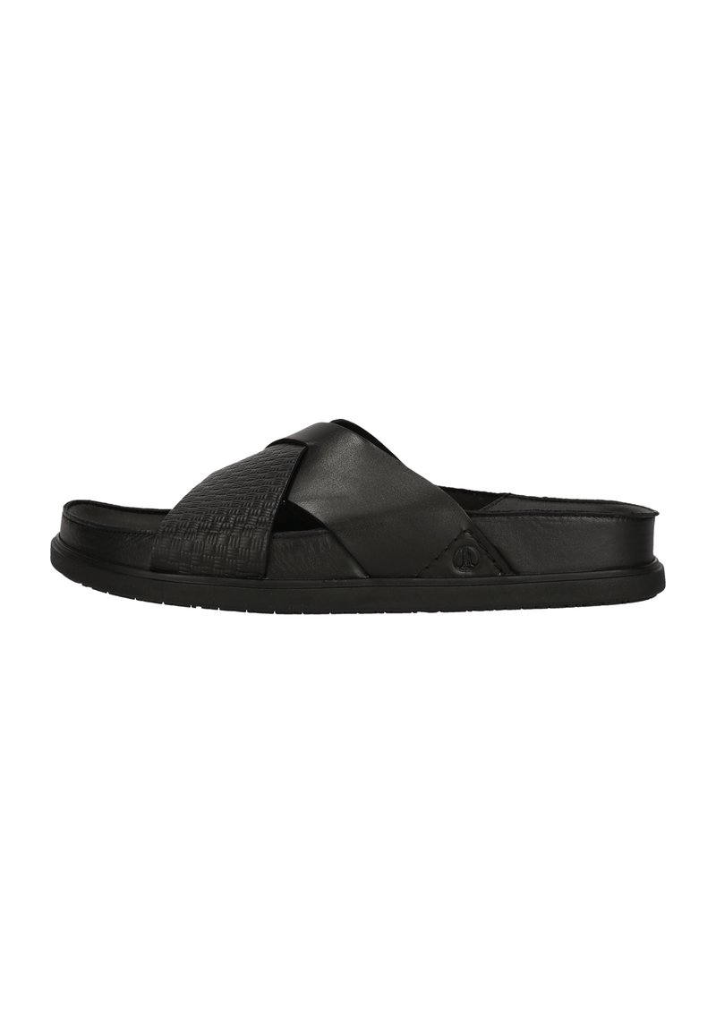 Svart slidesandal med ett tvärbanddesign och vävt mönster samt släta läderdetaljer. Gummisulan ger hållbarhet och bra grepp.