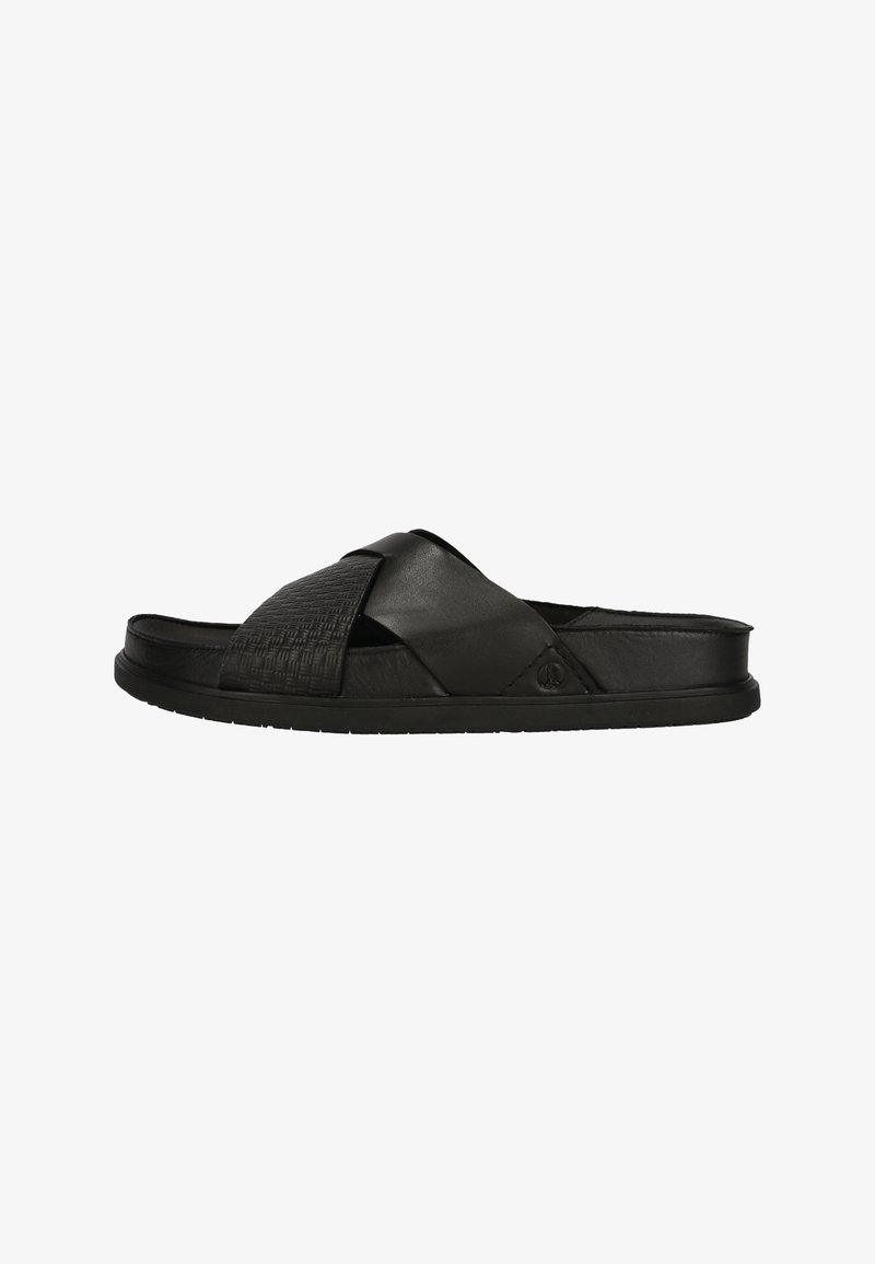 Zwarte slidesandalen met een cross-bandontwerp, voorzien van een geweven textuur en gladde leren accenten. De rubberen zool biedt duurzaamheid en grip.