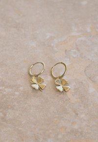 Kuldsete rõngakujuliste kõrvaklappidega, millel on neljalehelise ristikheina ripats, poleeritud viimistlusega ja lihtsa lukustuskinnitusega. Valmistatud metallist materjalidest.