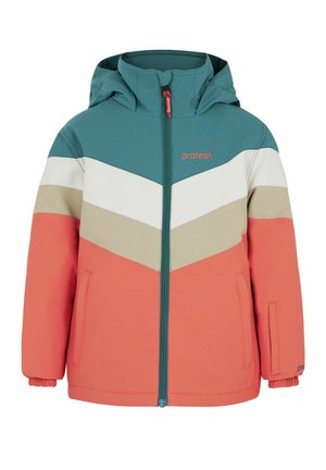 Giacca colorata per bambini con una parte superiore di colore turchese, motivi a zig-zag bianchi e beige, e parte inferiore corallo; dotata di cappuccio e chiusura con zip.