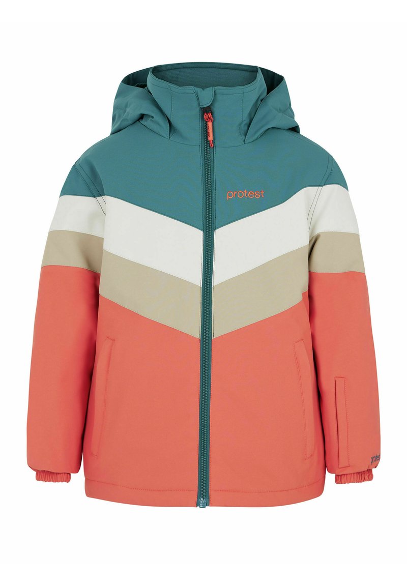 Giacca colorata per bambini con una parte superiore di colore turchese, motivi a zig-zag bianchi e beige, e parte inferiore corallo; dotata di cappuccio e chiusura con zip.