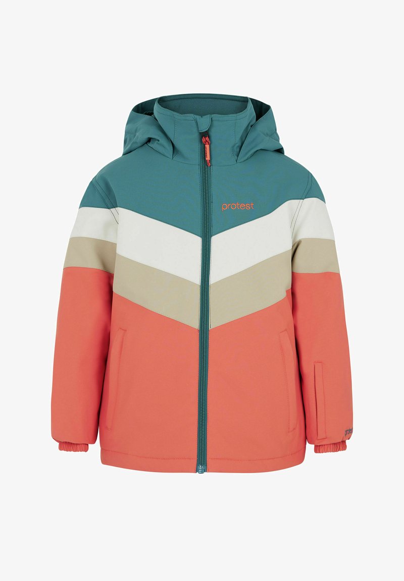 Värikäs lasten takki, jossa on teal-värinen yläosa, valkoisia ja beigen värisiä viivamaisia kuvioita sekä korallinvärinen alaosa; mukana huppu ja vetoketju.