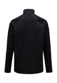 Sort pullover med høj krave og lange raglanærmer. Glat tekstur med et enkelt design, der ikke har mønstre eller synligt udstyr.