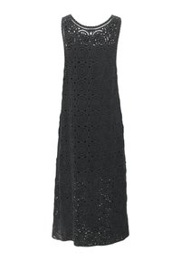 Black, sleeveless dress with circular cut-out pattern throughout. Long, relaxed fit. Lightweight fabric with textured surface.