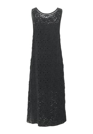 Schwarzes, ärmelloses Kleid mit kreisförmigem Ausschnitt-Muster. Langer, lockerer Schnitt. Leichter Stoff mit strukturierter Oberfläche.