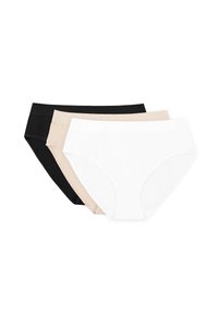 Trzy pary damskich majtek w kolorach czarnym, beżowym i białym. Wykonane z miękkiego, gładkiego materiału, o średnim wzroście i elastycznych paskach w talii.