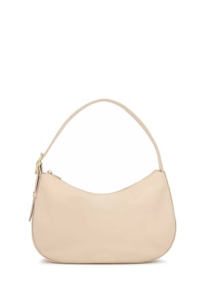 Sac à bandoulière en cuir beige avec une seule sangle, une fermeture éclair dorée et une petite boucle décorative dorée sur le côté.