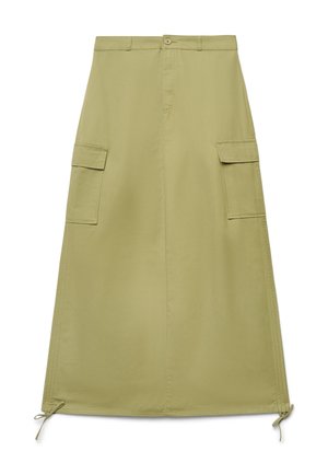 Jupe cargo midi vert olive clair avec fermeture à boutons sur le devant, poches à rabats des deux côtés et cordons réglables à l'ourlet.