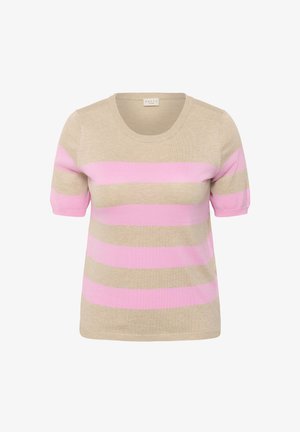 Beige short-sleeve knit top with wide horizontal pink stripes and a round neckline.