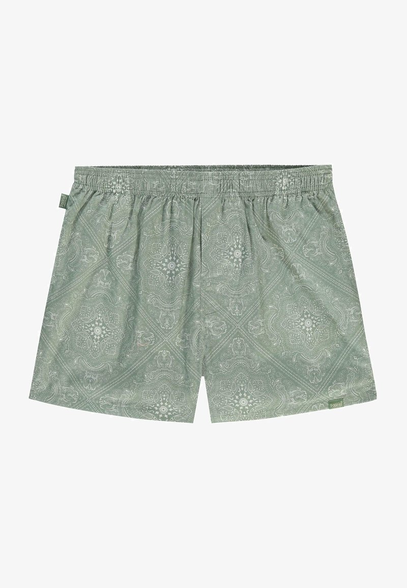 Zöld mintás fürdőnadrág rugalmas derékkal, paisley mintával és puha szövettextúrával.
