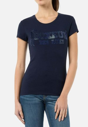 Marineblaues T-Shirt mit kurzen Ärmeln aus Baumwolle; verfügt über strukturierte Pailletten-Buchstaben und ein grafisches Design auf der Vorderseite. Lässige Passform.