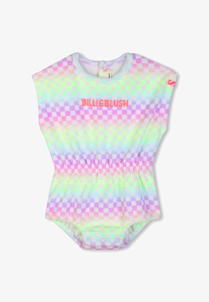 Tutina con motivo a scacchi multicolore in tonalità pastello di rosa, azzurro e verde, con vita arricciata e chiusure a scatto sul fondo.