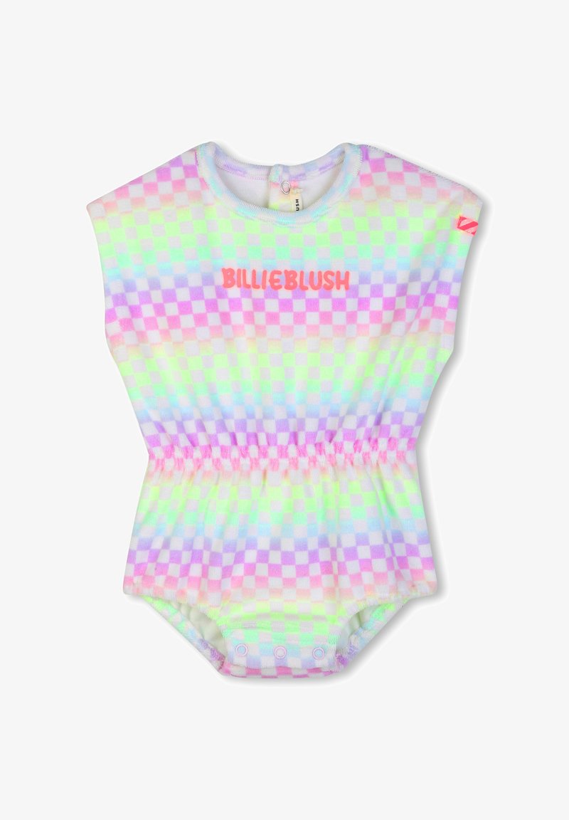 Grenouillère à motifs à damier multicolores dans des tons pastels de rose, bleu et vert, avec une taille froncée et des boutons-pression au bas.