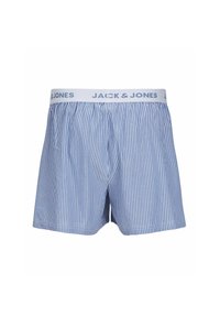Boxers rayés bleus et blancs avec une taille élastique portant le texte "JACK & JONES". Tissu en coton doux avec une coupe décontractée.