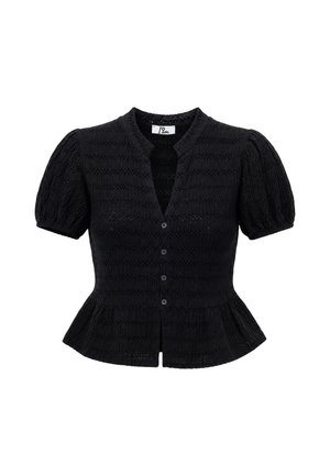 Blusa negra de punto con mangas cortas abullonadas, botones al frente, patrón texturizado sutil y dobladillo ligeramente acampanado.