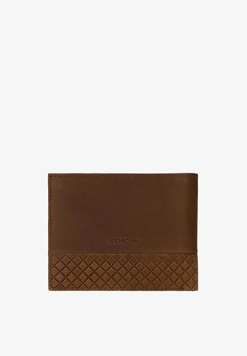 Bruine leren portemonnee met een glad bovenste gedeelte en een gestructureerd, gemarmerd onderste deel met een ruitpatroon. Subtiele branding zichtbaar.