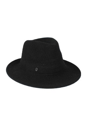 Black felt hat with a wide brim and a slightly tapered crown. Features a small decorative pin accent on the side. Soft texture, classic design.