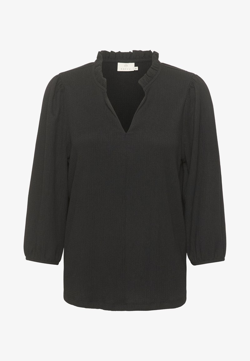 Blusa nera con scollatura a V con volant, maniche a tre quarti e tessuto testurizzato. Caratterizzata da spalle leggermente imbottite e vestibilità comoda.