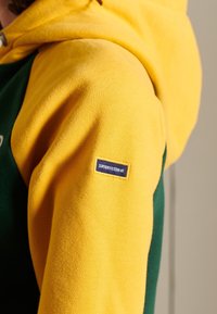 Felpa con cappuccio caratterizzata da un design a blocchi di colore giallo e verde, realizzata in tessuto morbido e con un'etichetta logo sulla spalla.