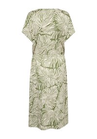 Kurzärmeliges Kleid aus olivgrünem Stoff mit weißem Blattmuster; lässige Passform, knielang, mit einem elastischen Bund für eine schmeichelhafte Silhouette.