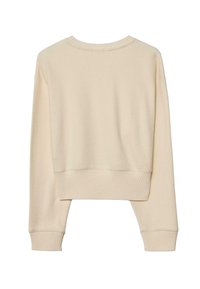 Krémový sveter s dlhými rukávmi a okrúhlym výstrihom, so žebrovanými manžetami a žebrovaným lemom, zobrazený zozadu na bielom pozadí.