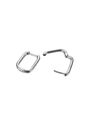 Silver metal spring clips, one rectangular and one oval, featuring smooth surfaces and rounded edges. Both have glossy finishes and simple designs.