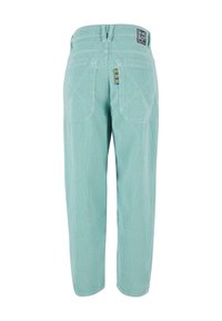 Pantaloni in corduroy azzurro chiaro con un design a gamba dritta, dotati di due tasche posteriori e di un accento a righe multicolore vicino alla vita.