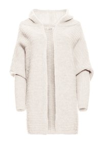 Cardigan grigio chiaro realizzato in un morbido tessuto testurizzato. Caratterizzato da un cappuccio, apertura frontale e maniche lunghe con dettagli a costine. Cuciture dettagliate visibili.