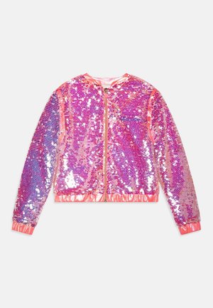 Chaqueta bomber de lentejuelas rosa y morado con cremallera frontal, puños y cinturilla acanalados. Textura brillante con un efecto centelleante.