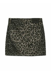 Jeans kratka krila v olivno zeleni barvi s črnimi leopardjimi vzorci. Ima dve zadnji žepki in majhno črno oznako na pasu.