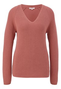 Langärmliger, pinkfarbener Ripp-Strickpullover mit V-Ausschnitt und strukturiertem Stoff. Mit Raglanärmeln und geradem Saum.