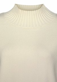 Cremefarbenes Strickpullover mit einem gerippten, hohen Kragen und glatter Textur, mit einer lockeren Passform und minimalistischem Design.