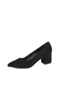 Pompa in suede nero con punta affusolata e tacco a blocco moderato. Presenta una finitura liscia e una silhouette classica. Senza decorazioni visibili.