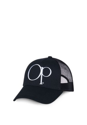 Schwarze Mesh-Baseballkappe mit gebogenem Schirm und großem weißem "Op"-Logo auf der Vorderseite gestickt.