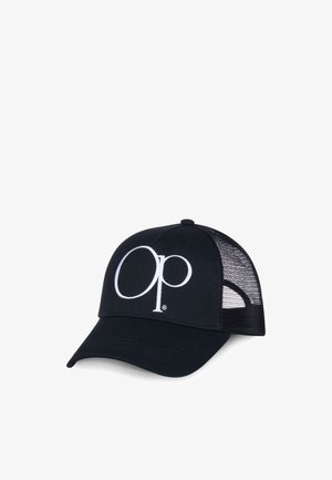 Gorra de béisbol negra de malla con visera curva y gran logo blanco "Op" bordado en el panel frontal.