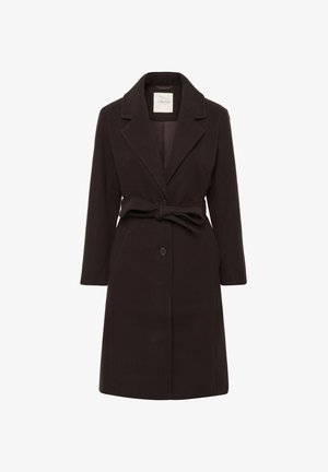 Dark brown knee-length coat with wide lapels, two buttons, side pockets, and a fabric belt tied at the waist.
