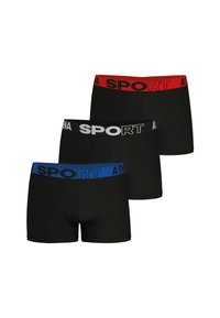 Shorts de boxe de sport noirs avec ceinture élastique ; un rouge, un bleu et un gris. Le tissu est lisse avec un design ajusté.