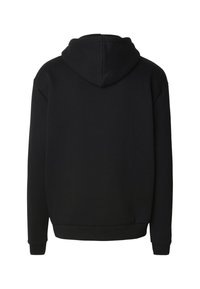 Sweat à capuche noir avec une poche kangourou, des poignets et un ourlet côtelés, ainsi qu'une capuche avec cordon de serrage. Le tissu est doux et lisse au toucher.