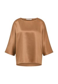 Satin-matte bluse in kamelbraun mit Rundhalsausschnitt und lockeren Ärmeln bis zum Ellbogen, leicht gewellter Saum.