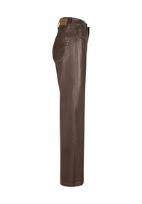 Bruine leren broek met een slim fit, voorzien van een zachte textuur, vijf zakken en een subtiele glans. Riemlussen en zichtbare stiksels zijn aanwezig.