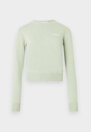 Jasnozielony sweter typu pulower z prążkowanym dekoltem i mankietami. Krótki, dopasowany fason z małym białym logo na piersi.