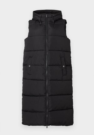 Gilet imbottito nero con cappuccio, zip frontale e tasche laterali. Presenta una texture trapuntata e cordini regolabili sul cappuccio.