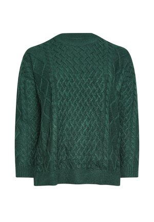 Grüner Strickpullover mit einem strukturierten Zopfmuster, rundem Ausschnitt und langen Ärmeln. Der Stoff wirkt weich und langlebig.