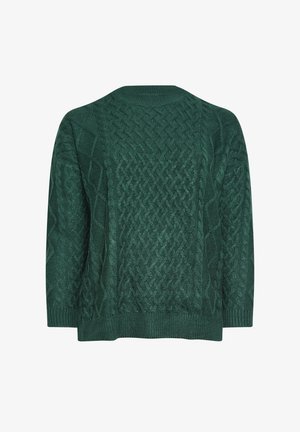 Grüner Strickpullover mit einem strukturierten Zopfmuster, rundem Ausschnitt und langen Ärmeln. Der Stoff wirkt weich und langlebig.
