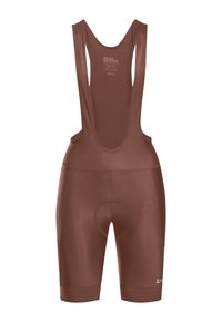 Bruine fiets-bibshorts met een gladde textuur, een gepolsterde zitgedeelte en een racerback-ontwerp. Voorzien van een logo en minimalistische stiksels.