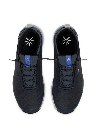 Dark blue lightweight shoes with a textured upper, elastic laces, and a gray heel tab. Features a blue accent on the tongue and a logo inside.