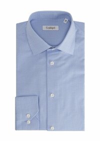 Lichtblauw overhemd met een geometrisch patroon, met een button-down kraag en dubbele knopen bij de manchetten. De stof lijkt glad en kreukvrij.