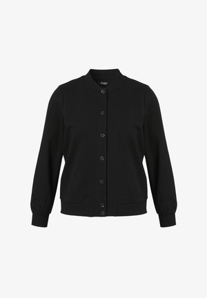 Zwarte lange mouwen button-up jas met ribgebreide manchetten en kraag, twee voorkruiszakken en een rechte zoom.