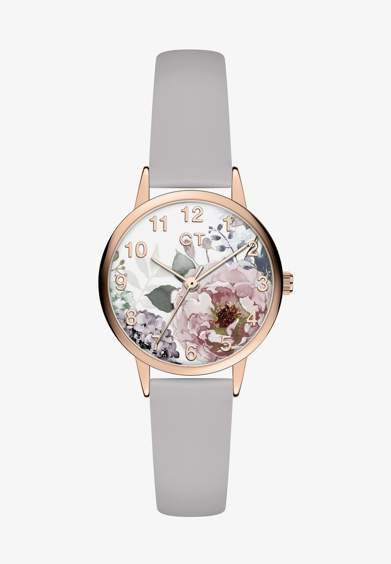 Runde Uhr mit einem blümchenmuster Zifferblatt in Pastellfarben, Akzenten aus roségold und einem hellgrauen Lederarmband. Die Ziffern werden deutlich angezeigt.